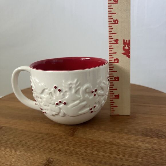 Starbucks 2008 White Holiday Mug Red Berries Embossed Doves Reindeer Trees 12oz - Picture 6 of 6